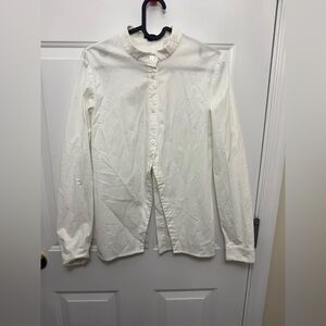 Women’s Ji Oh White Button Up Blouse Size 6 Open Back Structured Quiet Luxury